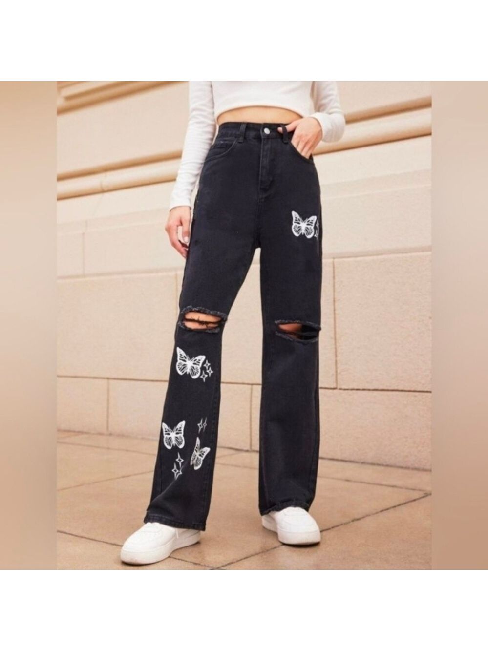 4 • ROMWE • Black High Rise Jeans with Butterfly Print